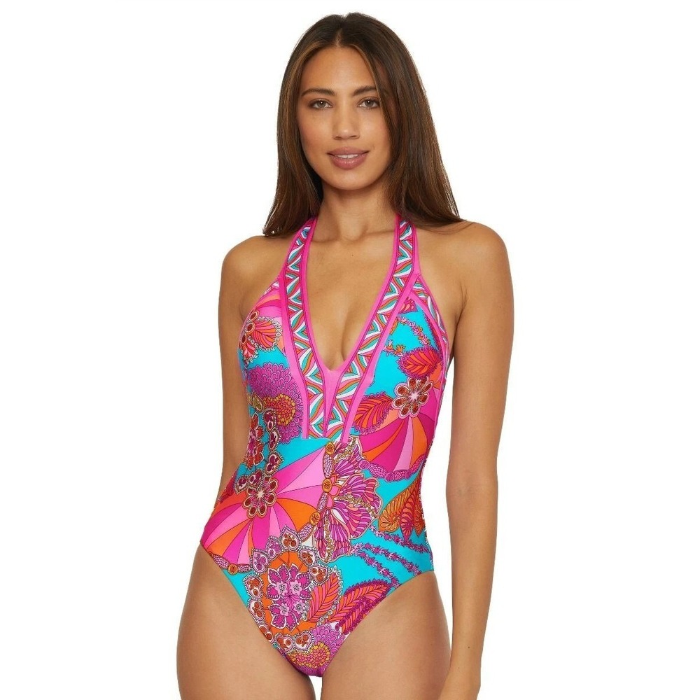Trina Turk Meilani Border Halter Plunge One Piece Swimsuit 10 Turquoise Hot Pink